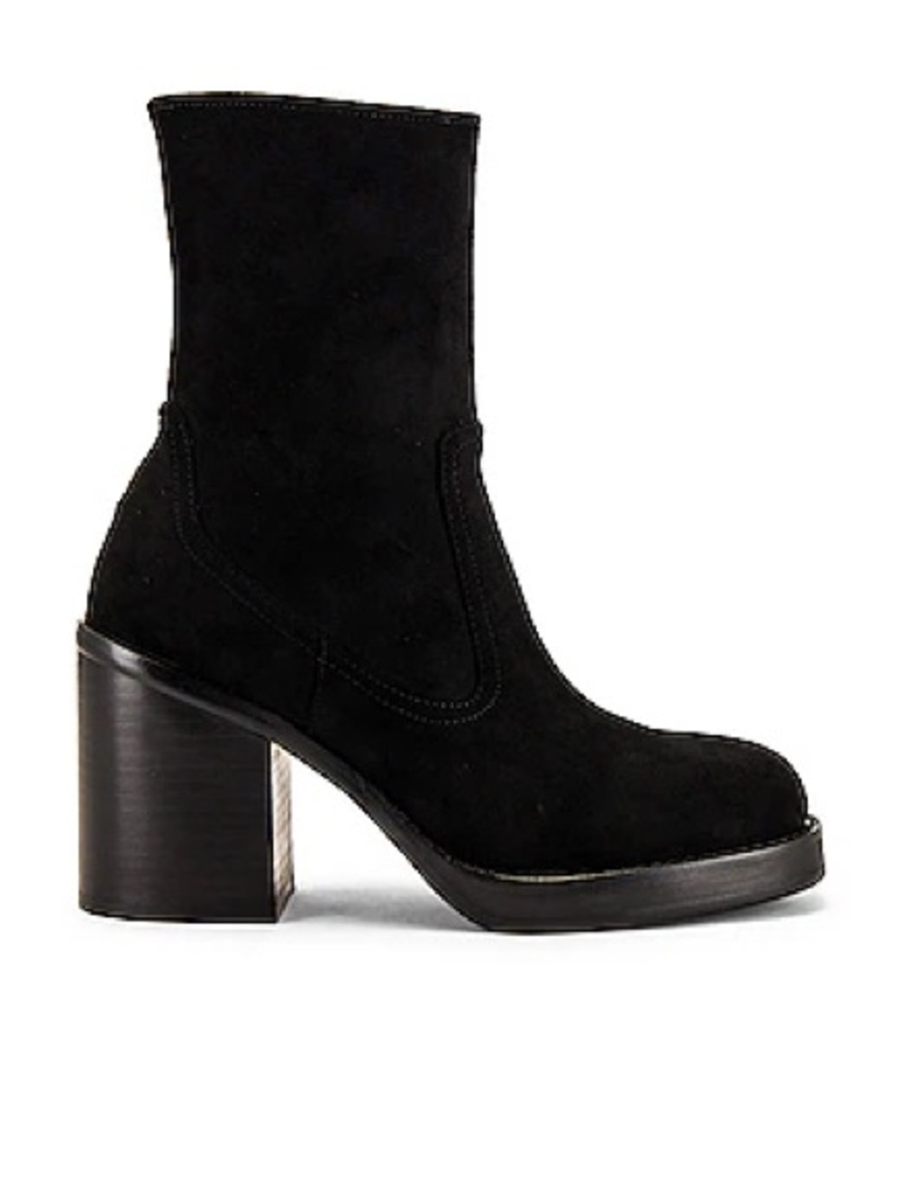 JEFFREY CAMPBELL Maxen Chunky Block Heel Zip Bootie in Black Stretch Suede